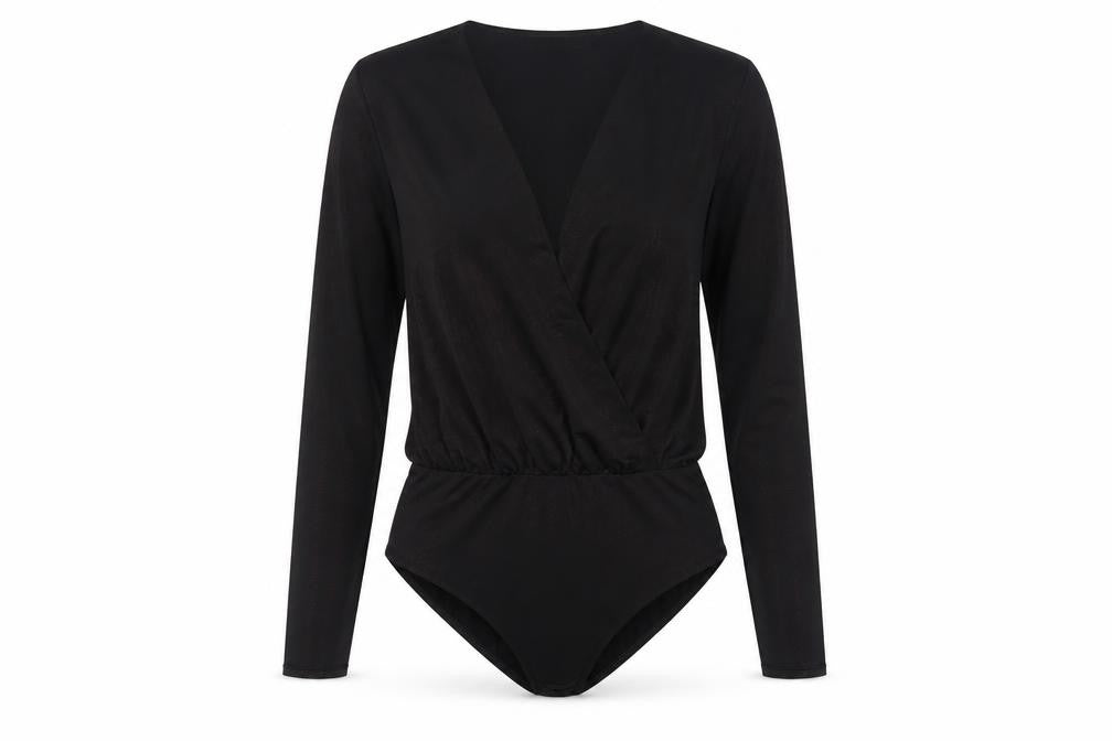 Front view of Edge Street women’s black polyester bodysuit one-piece, size S, snap