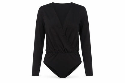 Front view of Edge Street women’s black polyester bodysuit one-piece, size S, snap