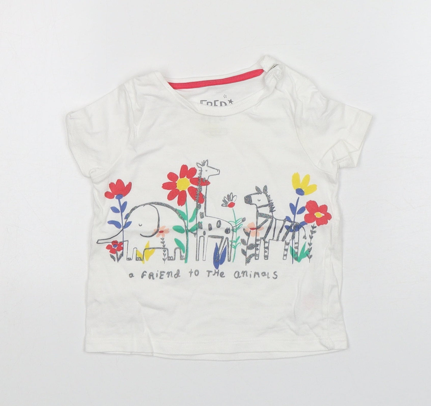 F&F Girls White Floral Cotton Basic T-Shirt Size 6-9 Months Round Neck
