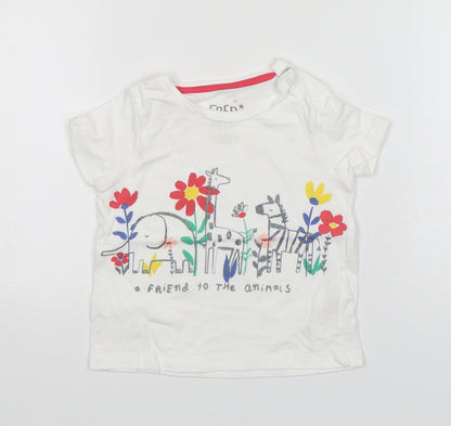 F&F Girls White Floral Cotton Basic T-Shirt Size 6-9 Months Round Neck