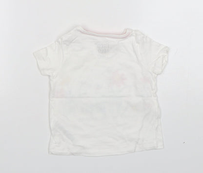 F&F Girls White Floral Cotton Basic T-Shirt Size 6-9 Months Round Neck