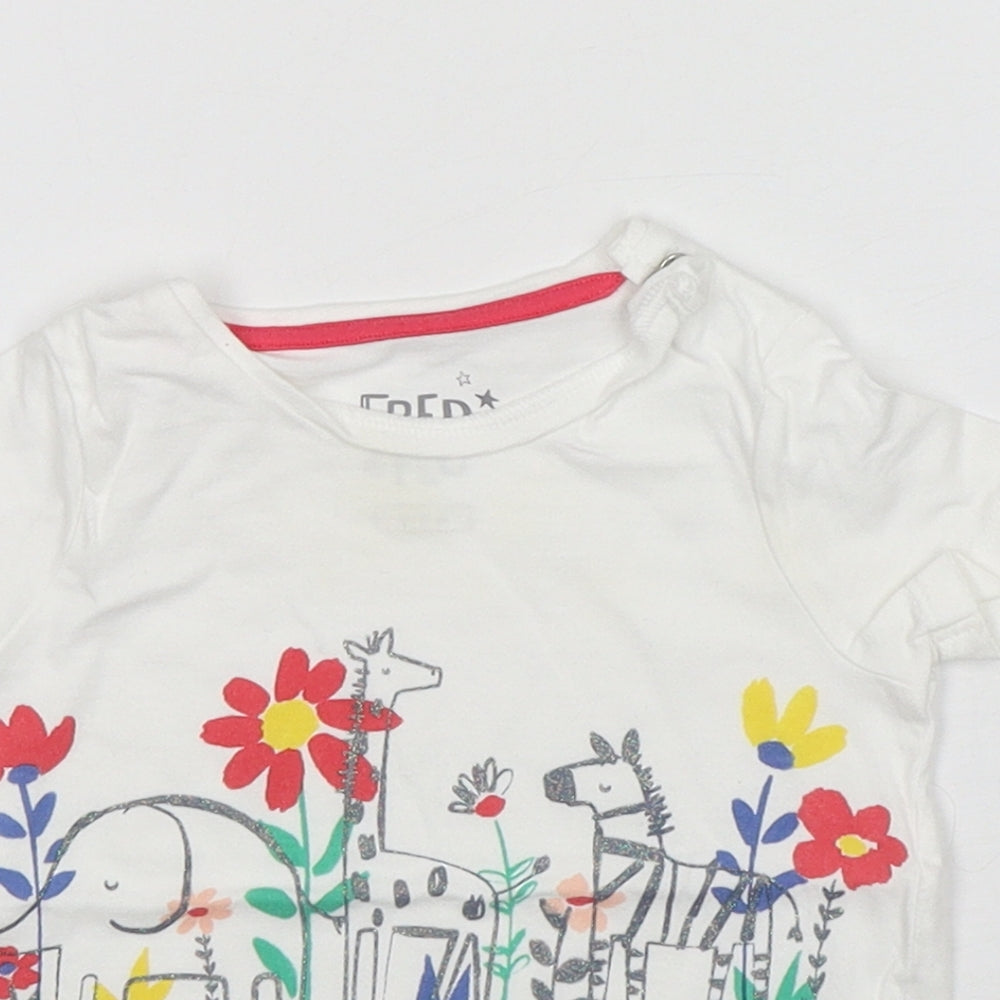 F&F Girls White Floral Cotton Basic T-Shirt Size 6-9 Months Round Neck