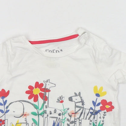 F&F Girls White Floral Cotton Basic T-Shirt Size 6-9 Months Round Neck