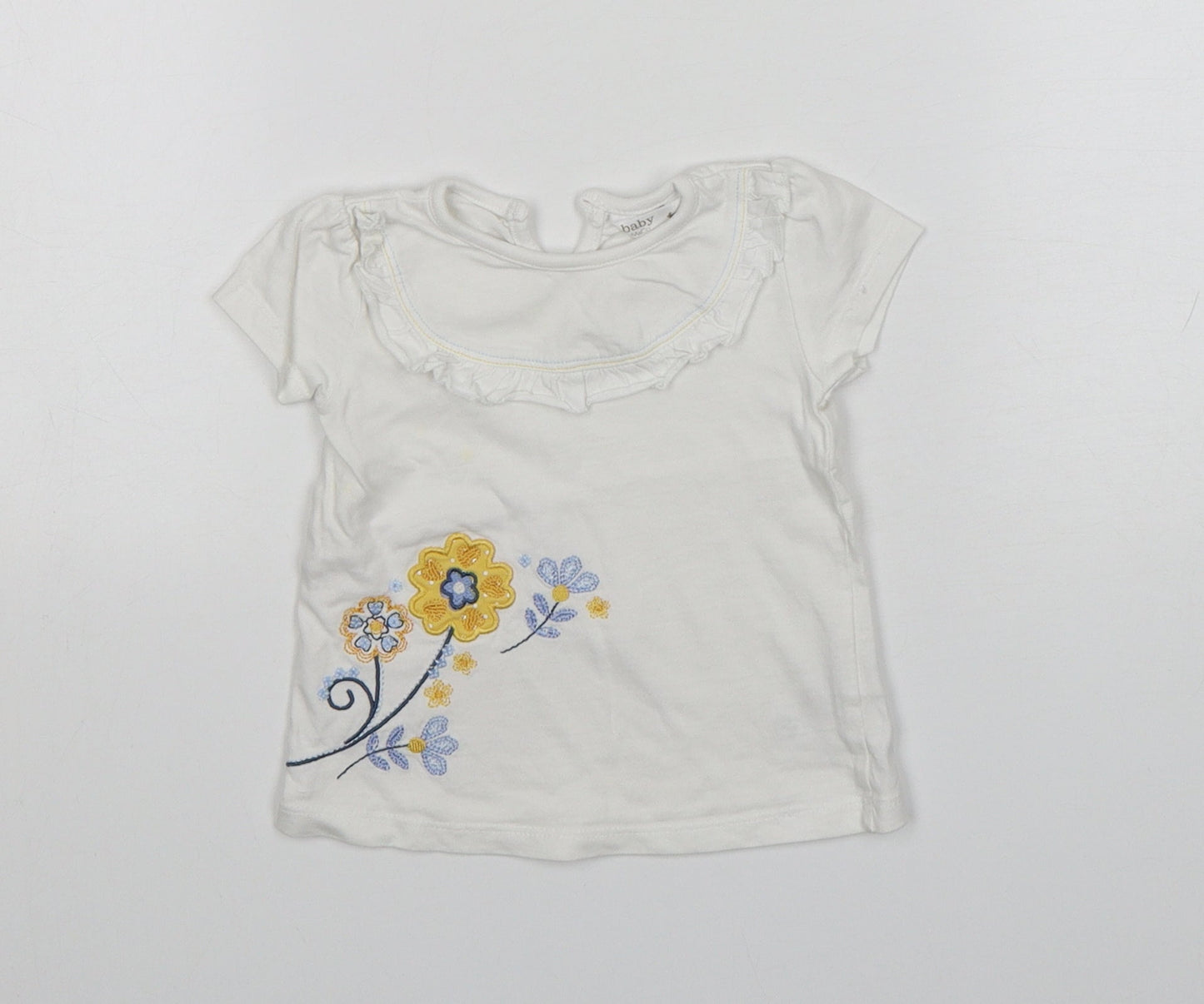 M&Co Girls White Floral Cotton Basic T-Shirt Size 6-9 Months Round Neck