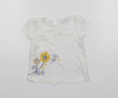 M&Co Girls White Floral Cotton Basic T-Shirt Size 6-9 Months Round Neck