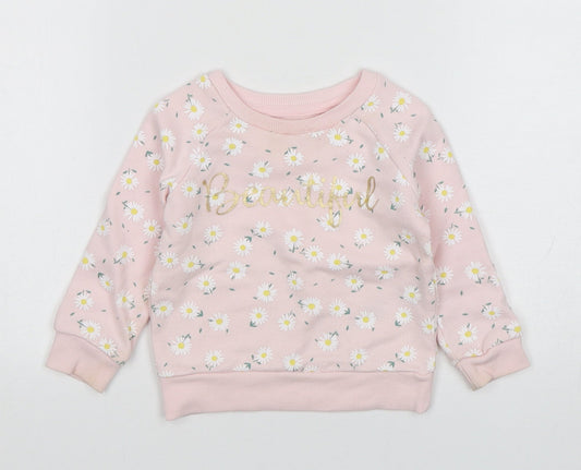 Primark Girls Pink Floral Cotton Pullover Jumper Size 9-12 Months