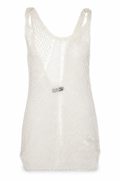 Front view of PRETTYLITTLETHING women’s white round neck viscose vest jumper, size UK 6