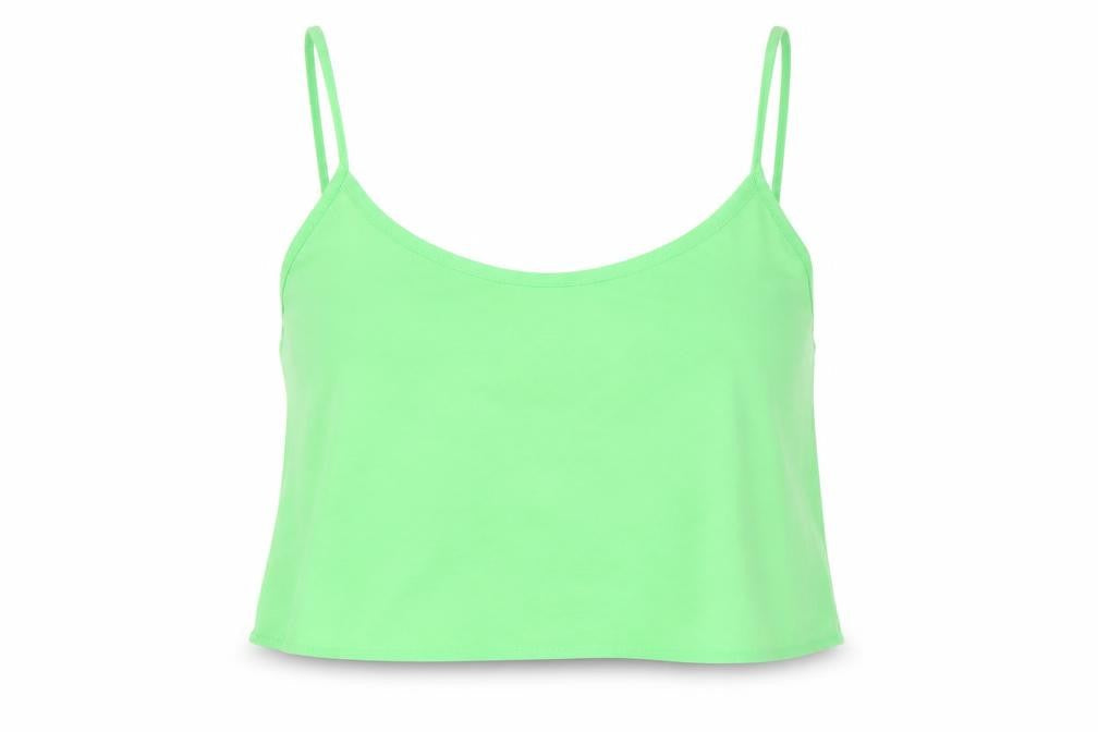Front view of Topshop women’s green polyester camisole tank, size UK 10, round neck