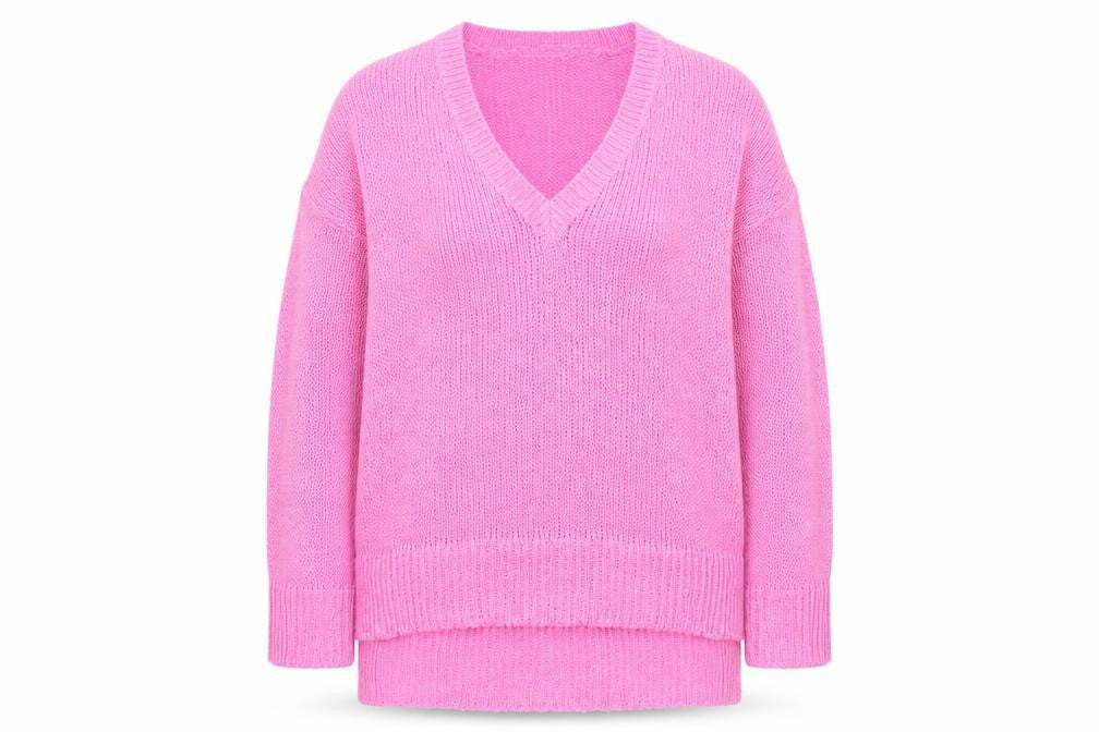 Front view of Brave Soul women’s pink v-neck acrylic jumper, size M
