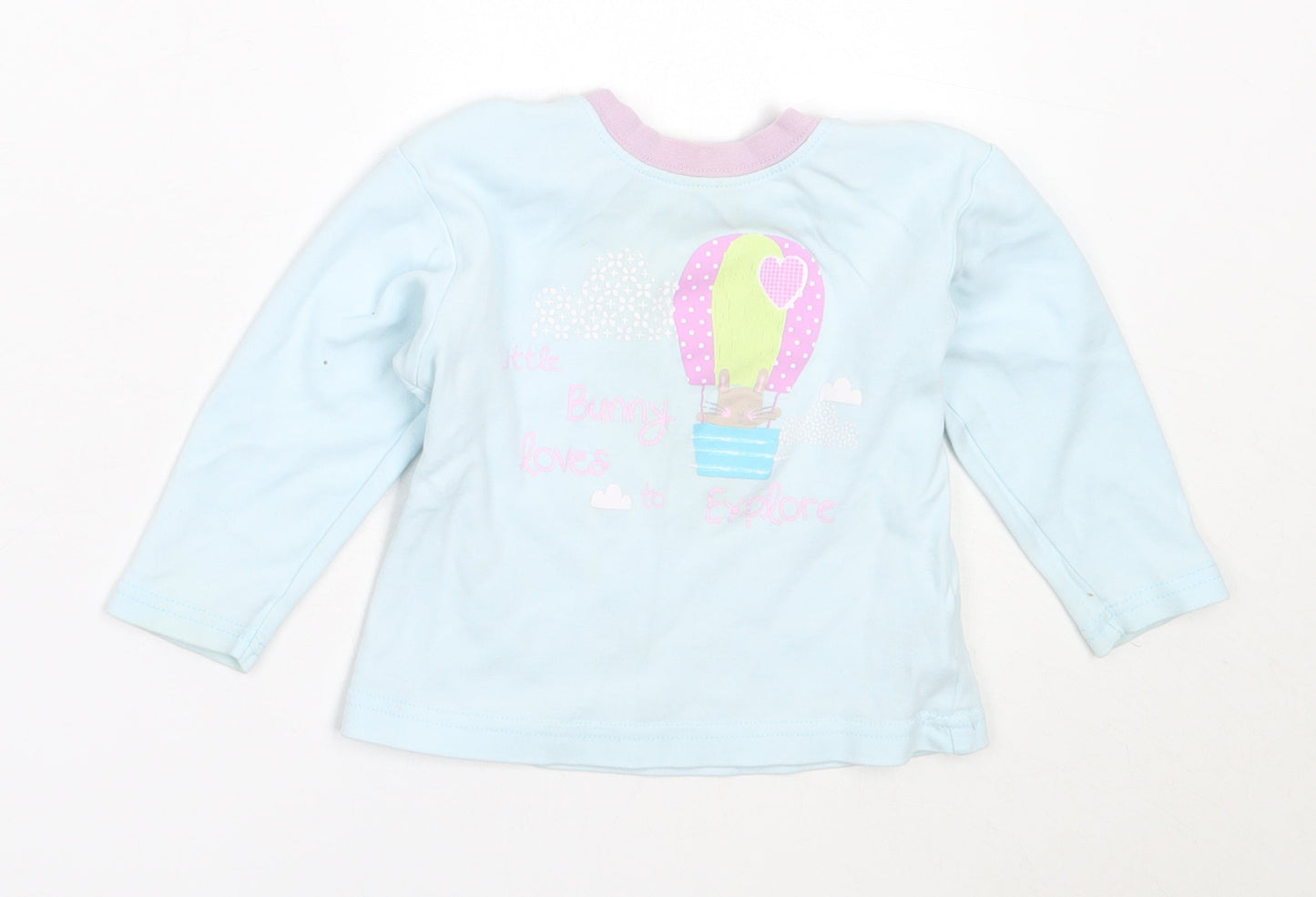Dunnes Stores Girls Blue  Cotton Basic T-Shirt Size 12-18 Months Round Neck  - bunny
