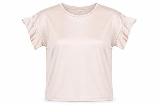 Front view of VILA women’s pink polyester basic blouse, size S, round neck