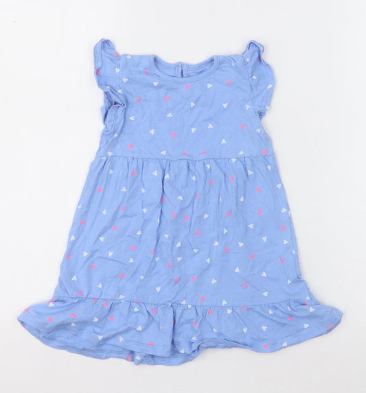Dunnes Stores Girls Blue Geometric Cotton A-Line  Size 18-24 Months  Crew Neck Button - Heart print