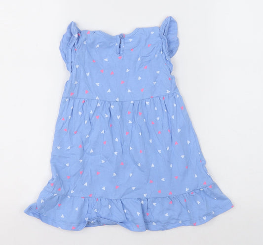 Dunnes Stores Girls Blue Geometric Cotton A-Line  Size 18-24 Months  Crew Neck Button - Heart print