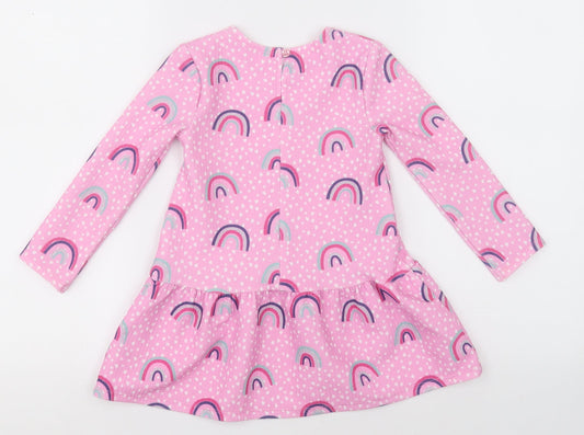 Dunnes Stores Girls Pink Polka Dot Polyester A-Line  Size 2-3 Years  Crew Neck Button - rainbows