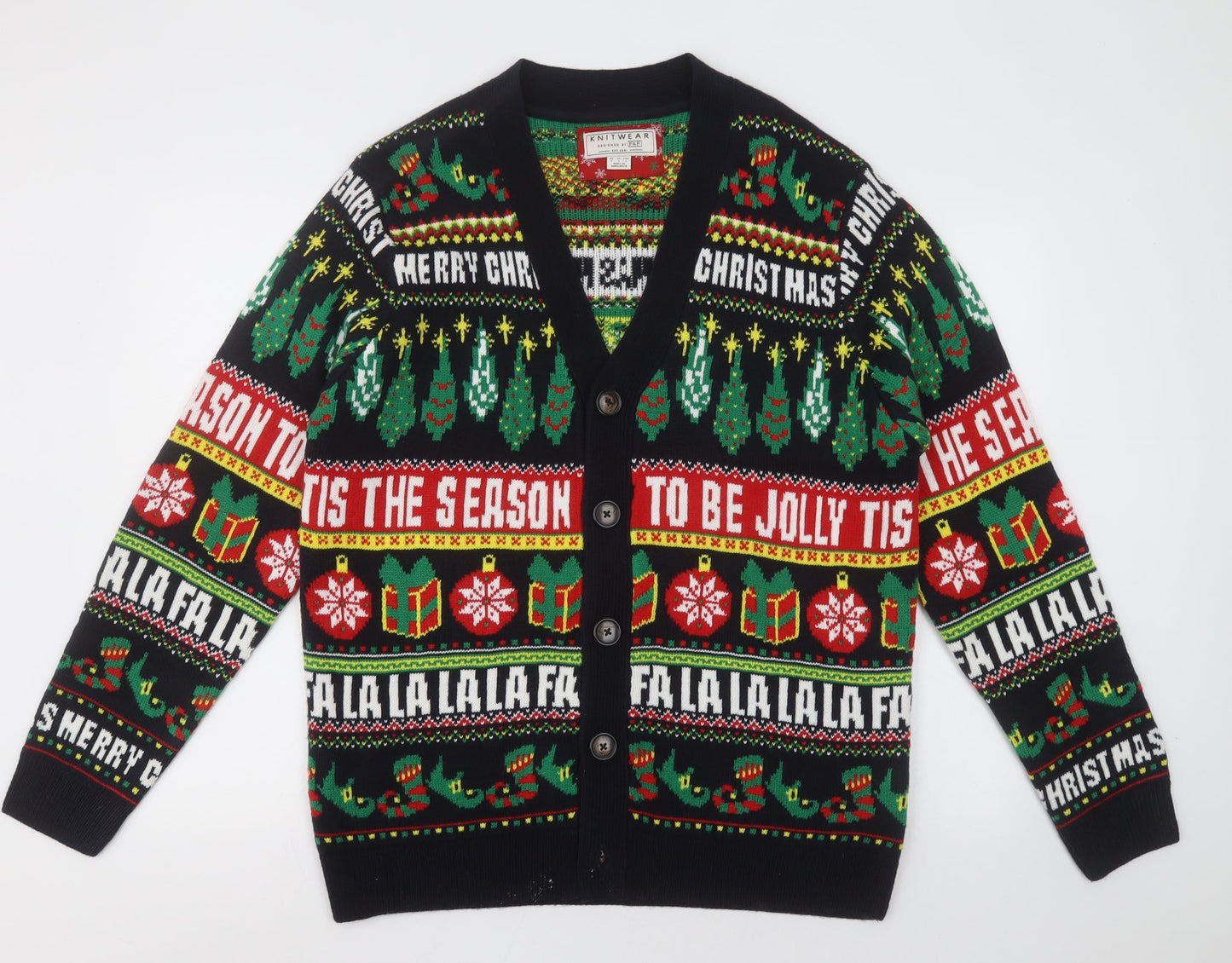 F&F Mens Multicoloured V-Neck Geometric Acrylic Cardigan Jumper Size L   - Chrsitmas