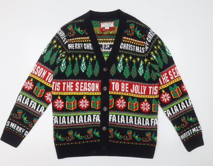 F&F Mens Multicoloured V-Neck Geometric Acrylic Cardigan Jumper Size L   - Chrsitmas