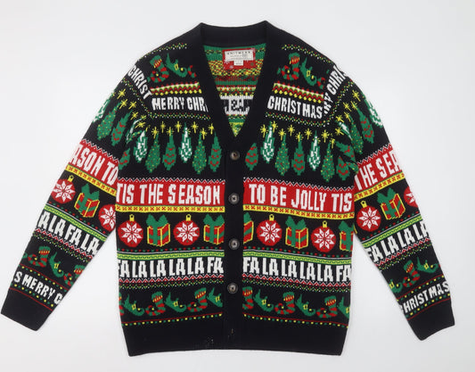 F&F Mens Multicoloured V-Neck Geometric Acrylic Cardigan Jumper Size L   - Chrsitmas