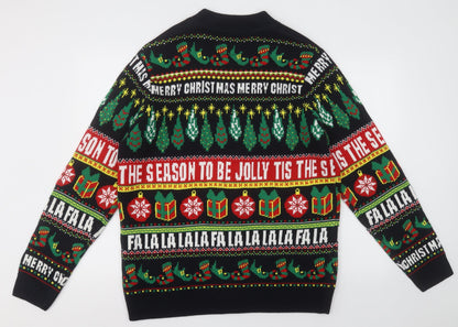 F&F Mens Multicoloured V-Neck Geometric Acrylic Cardigan Jumper Size L   - Chrsitmas