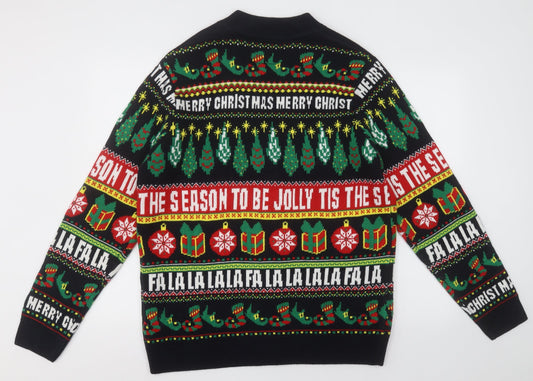 F&F Mens Multicoloured V-Neck Geometric Acrylic Cardigan Jumper Size L   - Chrsitmas