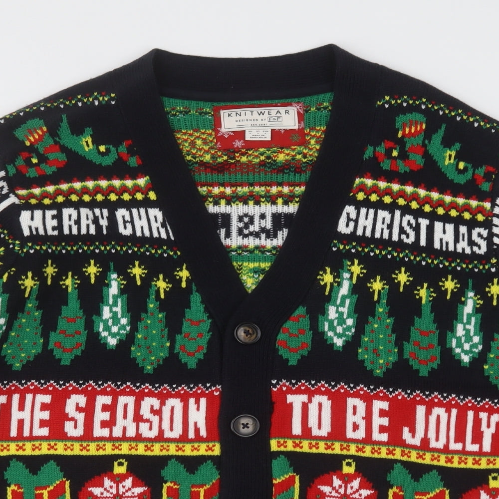 F&F Mens Multicoloured V-Neck Geometric Acrylic Cardigan Jumper Size L   - Chrsitmas