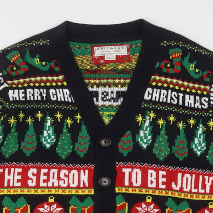 F&F Mens Multicoloured V-Neck Geometric Acrylic Cardigan Jumper Size L   - Chrsitmas