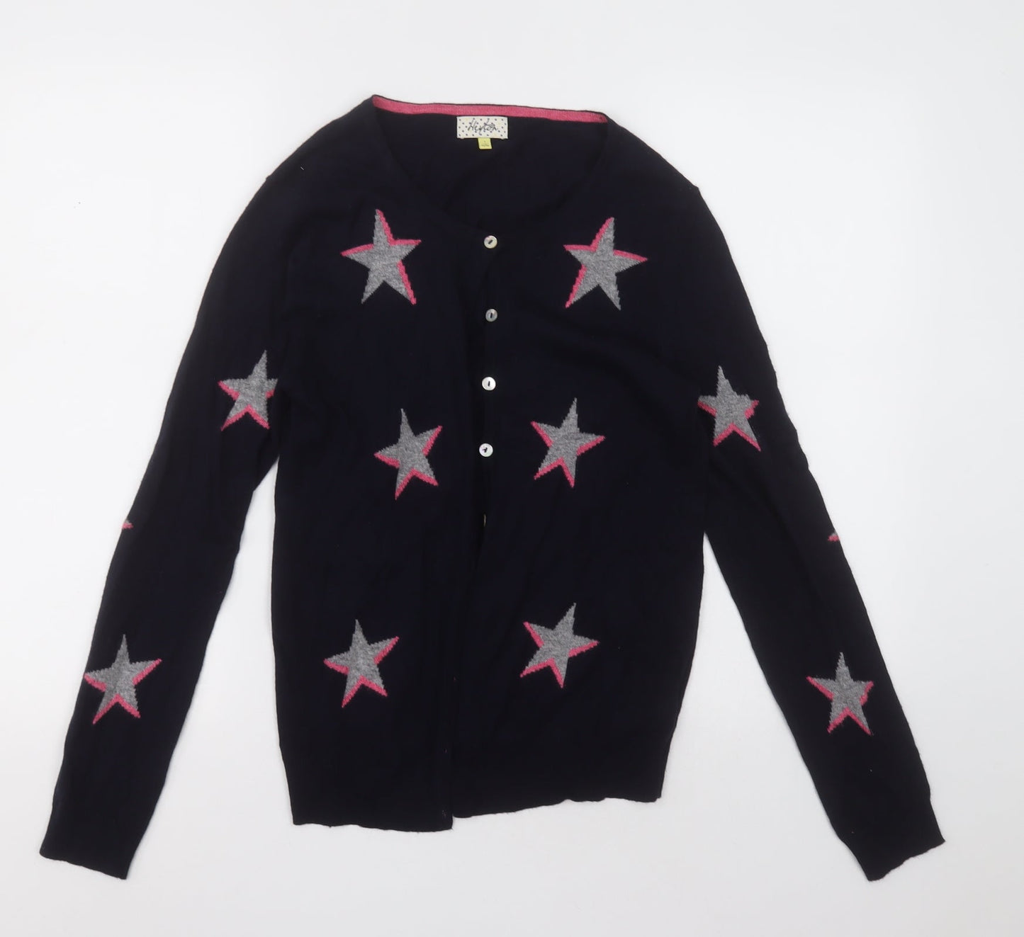 heyton Womens Blue Crew Neck Geometric Cotton Cardigan Jumper Size S   - Star Pattern