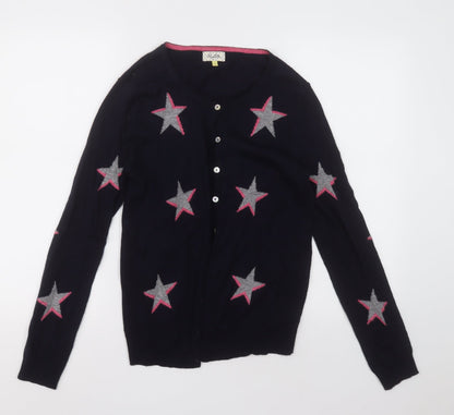 heyton Womens Blue Crew Neck Geometric Cotton Cardigan Jumper Size S   - Star Pattern