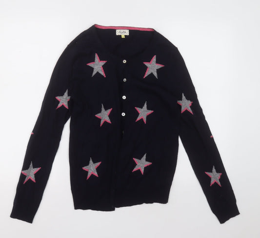 heyton Womens Blue Crew Neck Geometric Cotton Cardigan Jumper Size S   - Star Pattern