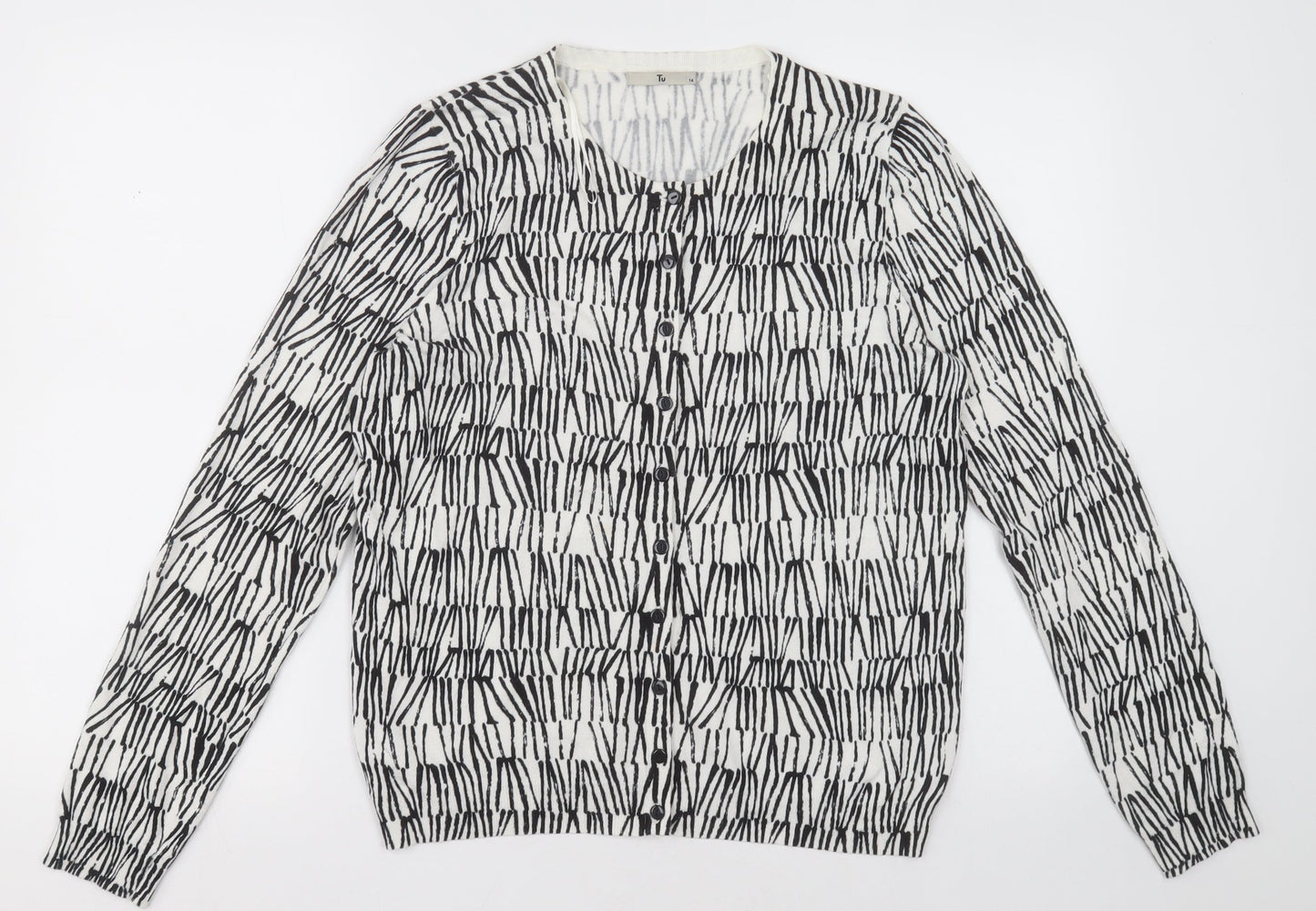 sainsburys Womens White Crew Neck Geometric Viscose Cardigan Jumper Size 14