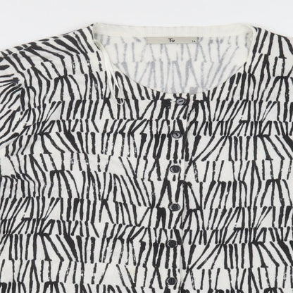 sainsburys Womens White Crew Neck Geometric Viscose Cardigan Jumper Size 14