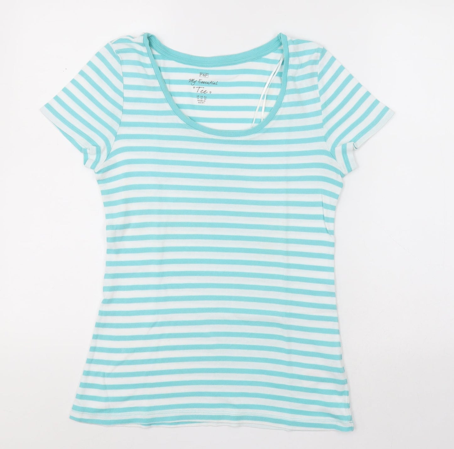 F&F Womens Blue Striped Cotton Basic T-Shirt Size 14 Scoop Neck