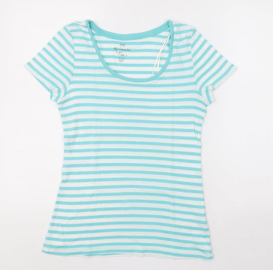 F&F Womens Blue Striped Cotton Basic T-Shirt Size 14 Scoop Neck