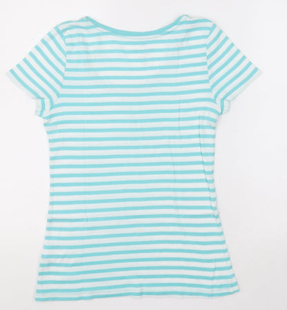 F&F Womens Blue Striped Cotton Basic T-Shirt Size 14 Scoop Neck