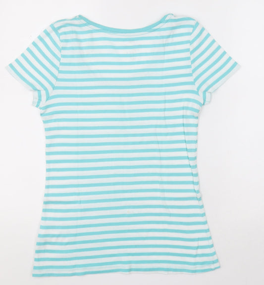 F&F Womens Blue Striped Cotton Basic T-Shirt Size 14 Scoop Neck