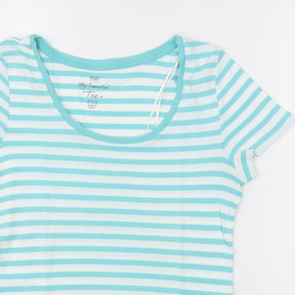 F&F Womens Blue Striped Cotton Basic T-Shirt Size 14 Scoop Neck