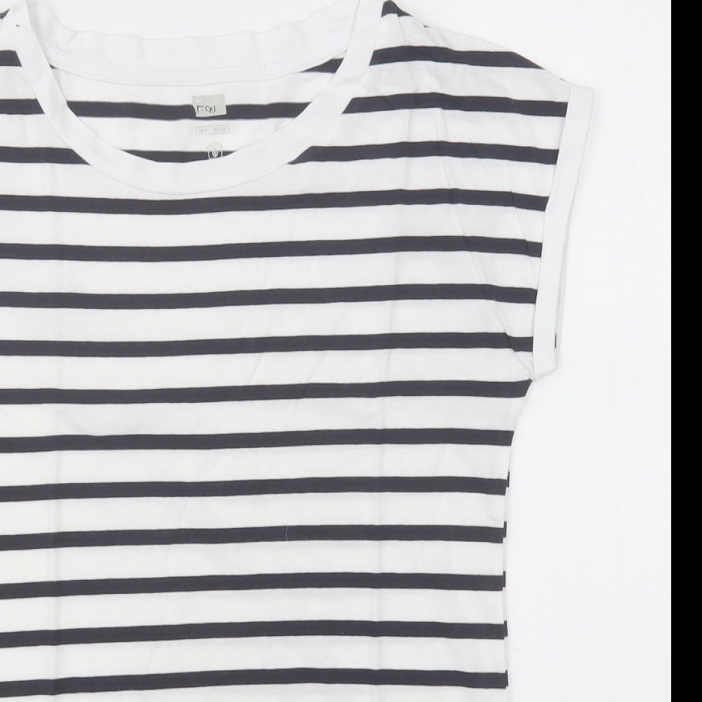 F&F Womens White Striped Cotton Basic T-Shirt Size 8 Crew Neck