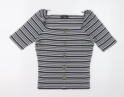 F&F Womens Blue Striped Viscose Basic T-Shirt Size 12 Square Neck