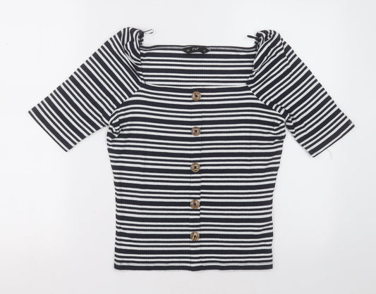 F&F Womens Blue Striped Viscose Basic T-Shirt Size 12 Square Neck