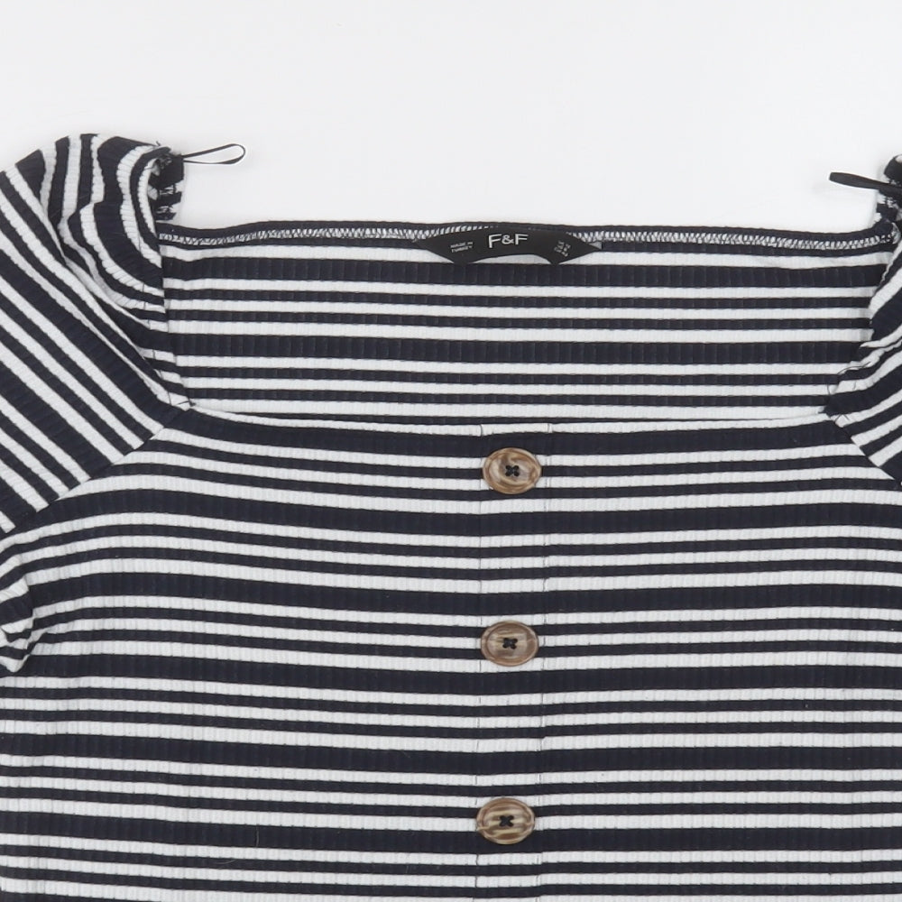 F&F Womens Blue Striped Viscose Basic T-Shirt Size 12 Square Neck