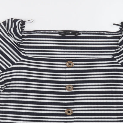 F&F Womens Blue Striped Viscose Basic T-Shirt Size 12 Square Neck