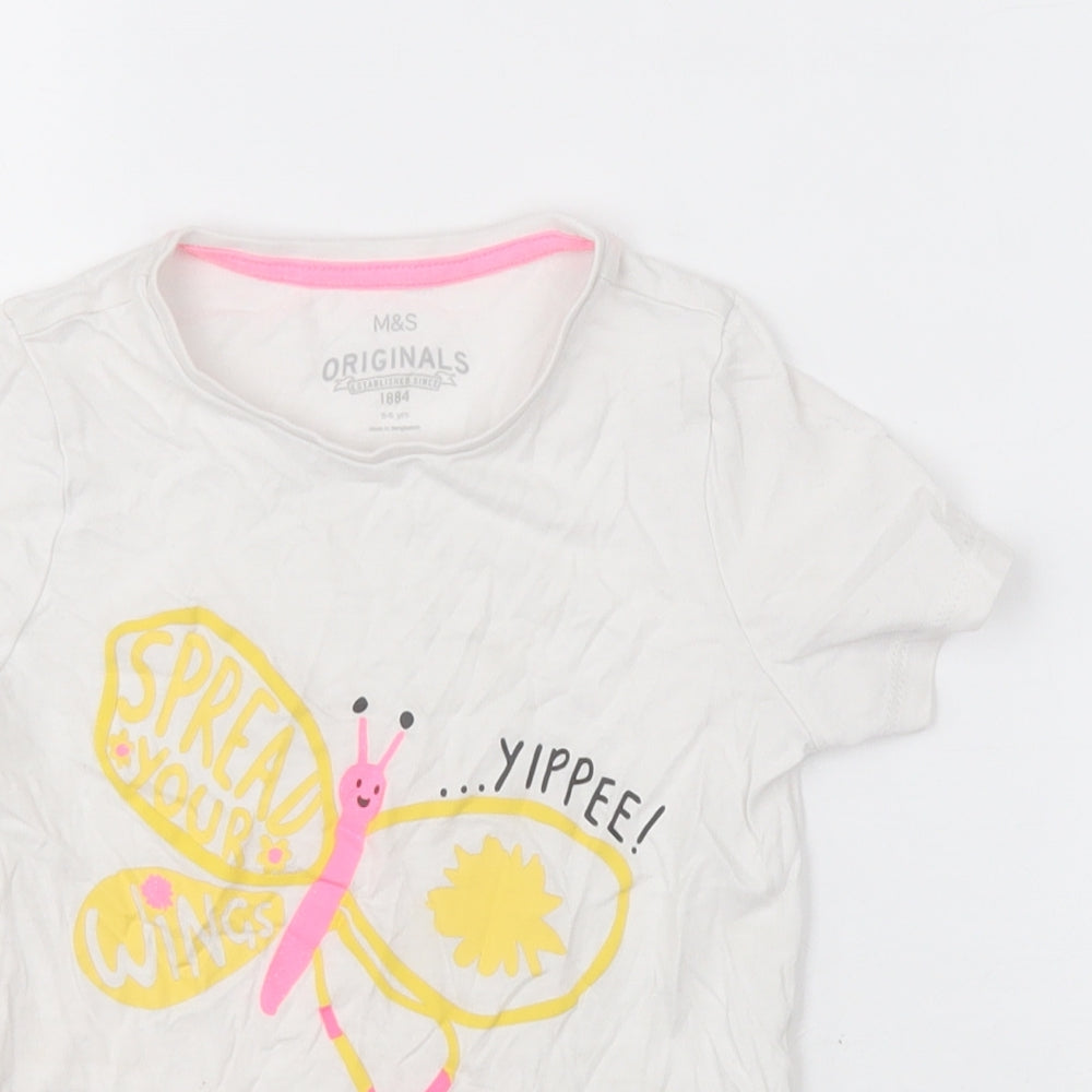 Marks and Spencer Girls White  Cotton Basic T-Shirt Size 5-6 Years Crew Neck Pullover - butterfly