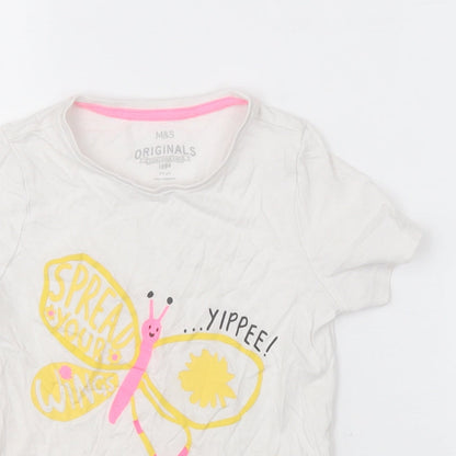 Marks and Spencer Girls White  Cotton Basic T-Shirt Size 5-6 Years Crew Neck Pullover - butterfly
