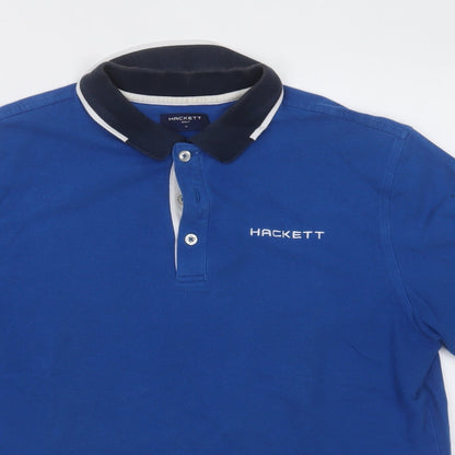 Hackett Mens Blue  Cotton Basic Polo Size M Collared Button