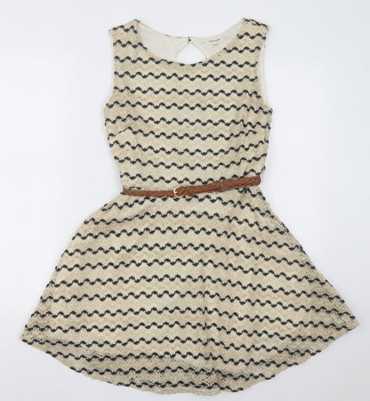River Island Womens Beige Striped Polyester A-Line  Size 10  Crew Neck Button