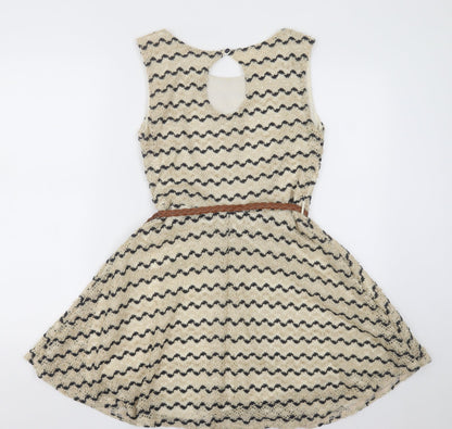 River Island Womens Beige Striped Polyester A-Line  Size 10  Crew Neck Button