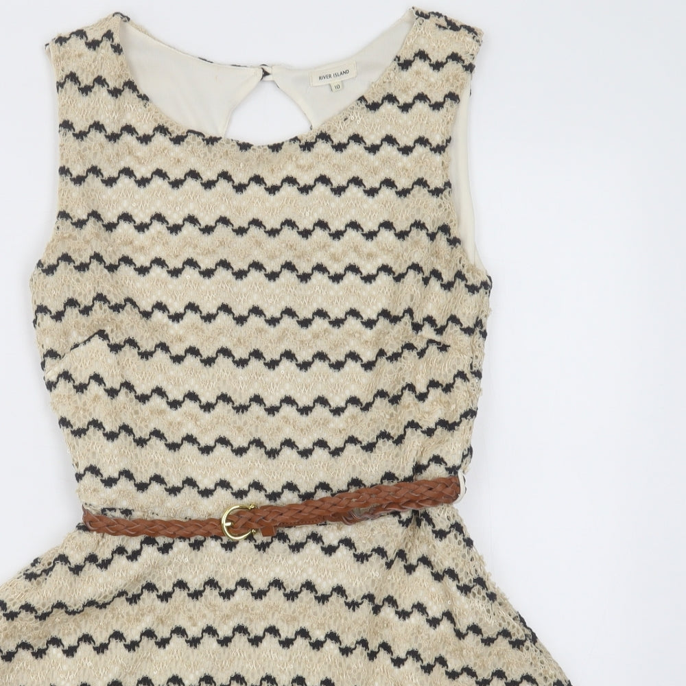 River Island Womens Beige Striped Polyester A-Line  Size 10  Crew Neck Button