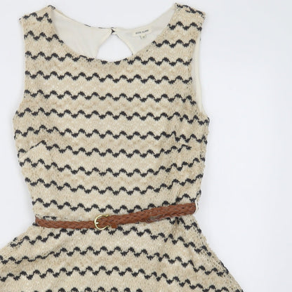 River Island Womens Beige Striped Polyester A-Line  Size 10  Crew Neck Button