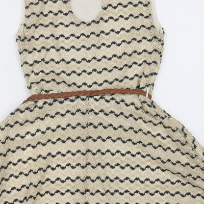 River Island Womens Beige Striped Polyester A-Line  Size 10  Crew Neck Button
