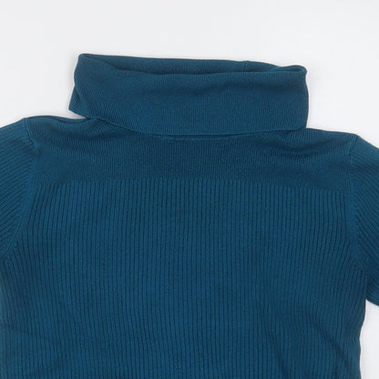 Close-up detail of Marks & Spencer women’s blue viscose pullover sweatshirt, size UK 12, pullover
