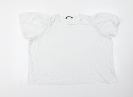 Dunnes Womens White  100% Cotton Basic T-Shirt Size 2XL Round Neck - Ruched Sleeves